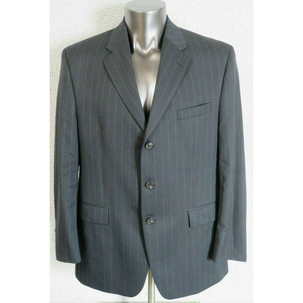 Mens Lauren Ralph Lauren Black Gray 3 Button Suit Jacket Size 44R Striped Wool